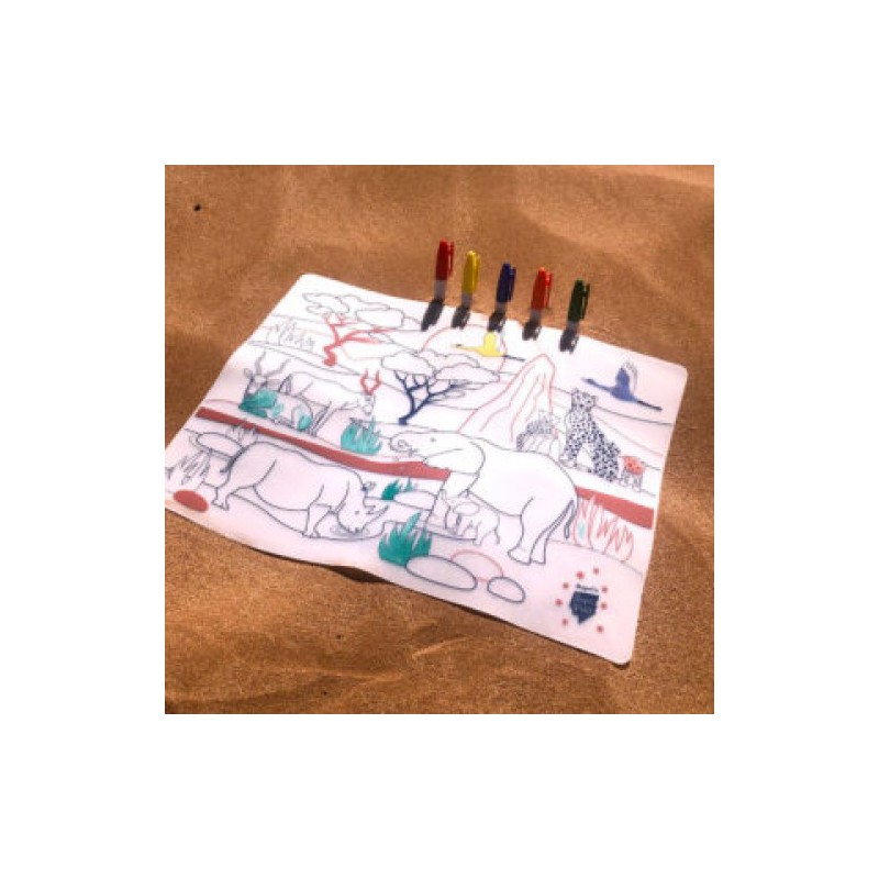 KIT SET DE TABLE SILICONE + FEUTRES SAVANNA WILDLIFE